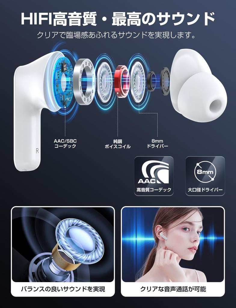 Wireless Bluetooth Earbuds with Hi-Fi Sound Quality & Deep Bass, CVC8.0 Noise Cancellation, Hands-Free Calling, AACSBC Codec, Left and Right Separate