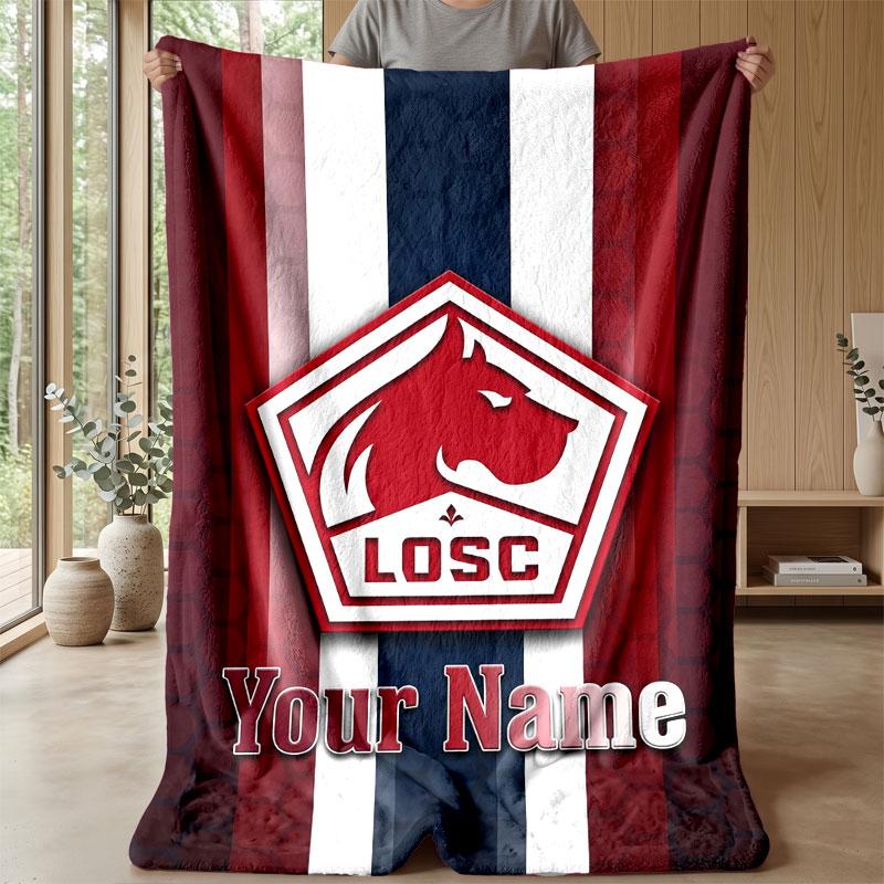 LOSC Lille Custom Name Text Flannel Blanket Soccer Logo Personalized Fleece Throw Blanket Special Gift For Sofa Bedroom Home