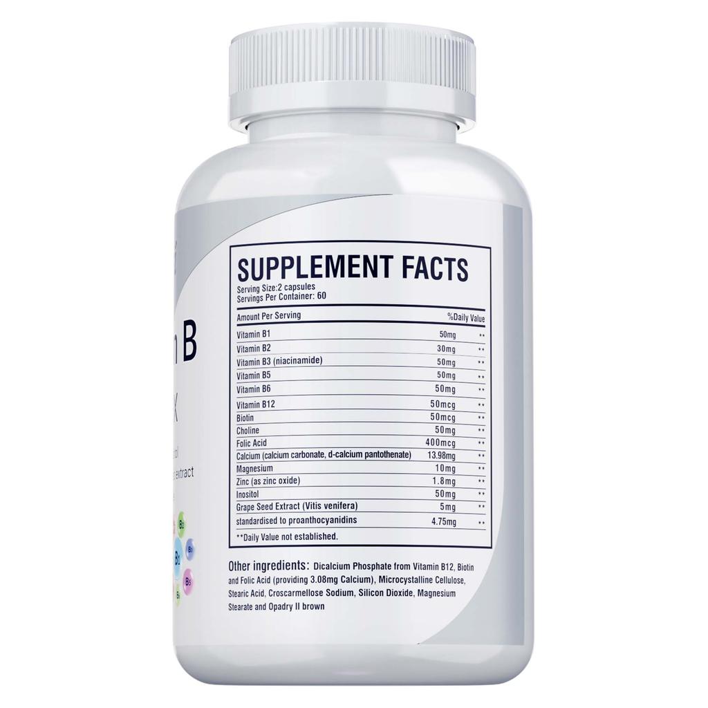 High Potency Vitamin B Complex, 120 Capsules - With Vitamin C - Natural Energy Complex