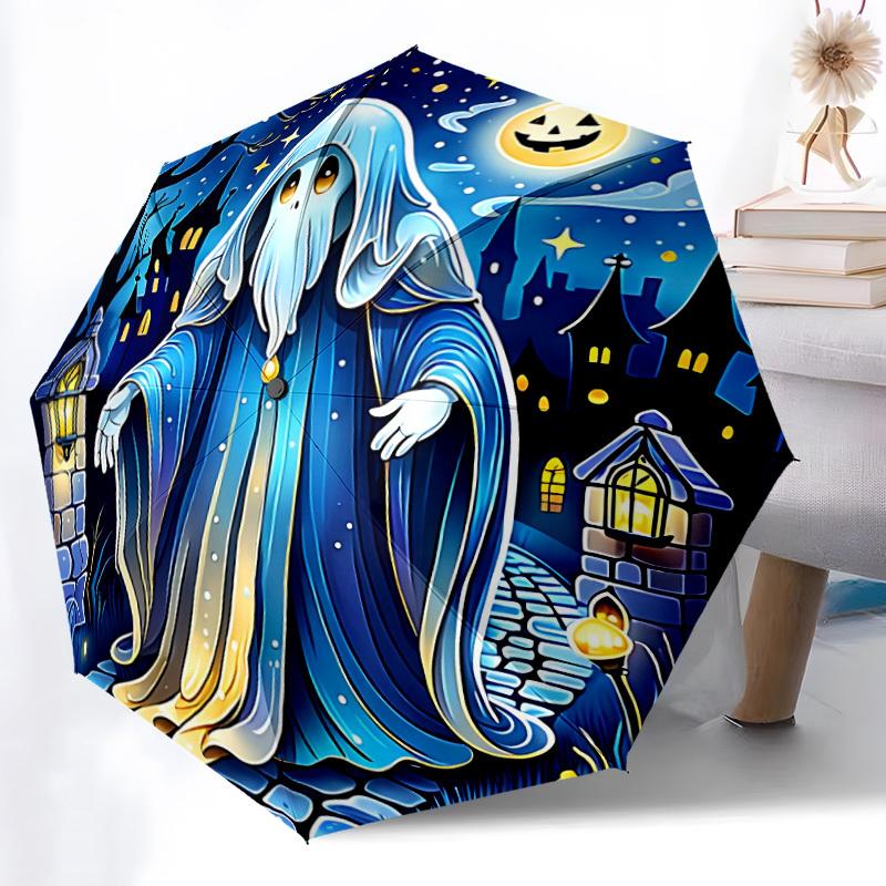 1pc Ghostly Night Automatic Folding Umbrella - Design, Durable Iron Frame for Travel, Outdoor, Beach Fashion Accessory a0920013