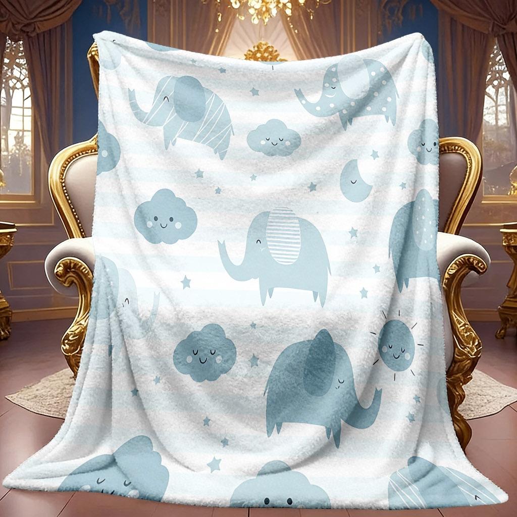 1pc 2D Elephant Cloud Star Theme Pattern Flannel Blanket, Soft HD Digital Print Cooling Blanket All Year Round! Soft And Breathable 100% Polyester Fib