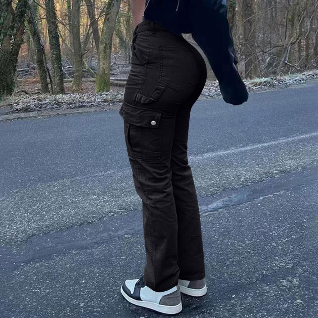 Women's Fashion Solid Color Hip Lifting Pants High Waist Multi Pocket Work Clothes Jeans