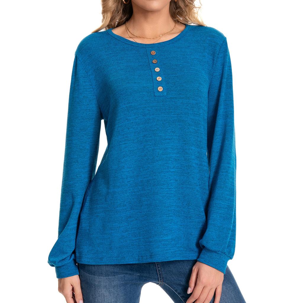 Женская мода повседневная круглая горловина с пуговицами длинный рукав однотонный топ Shu