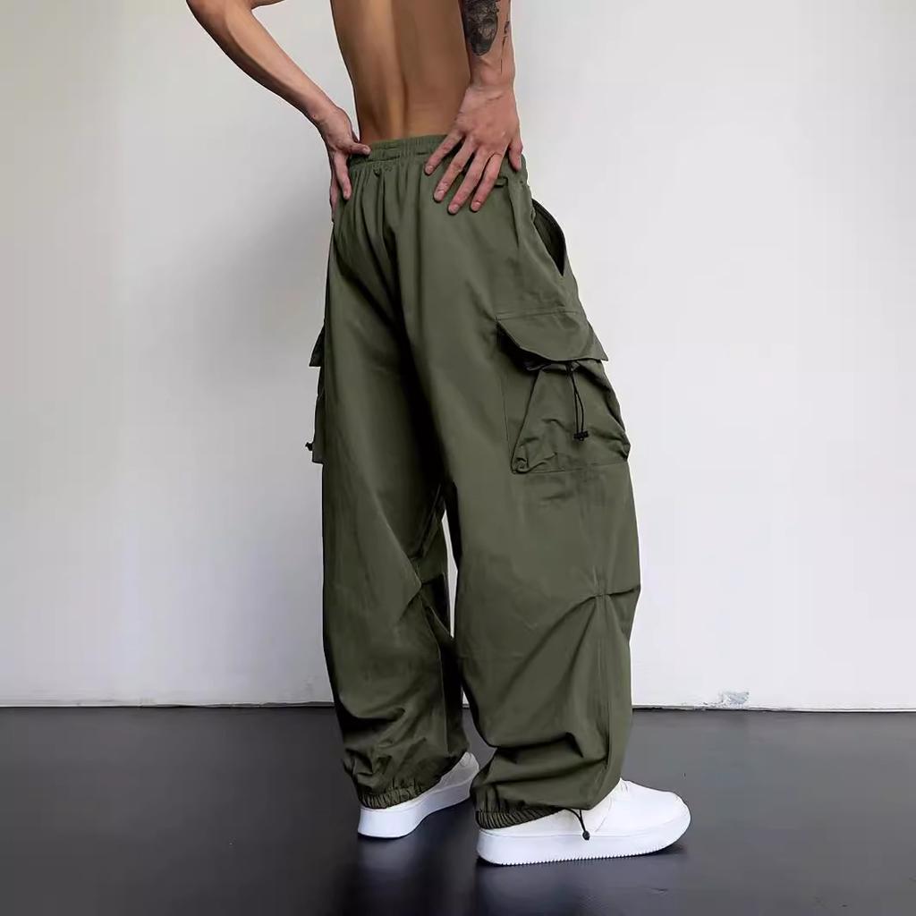 Men Cargo Pants Multi Pocket Oversized Solid Color Elastic High Waist Deep Crotch Ankle-banded Soft Breathable Hip Hop