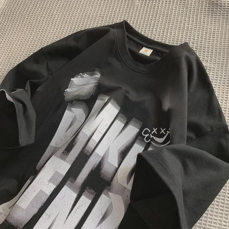 Мужская винтажная ретро-футболка с коротким рукавом: Свободный, модный, универсальный, тяжелый, с размытым дизайном букв для лета