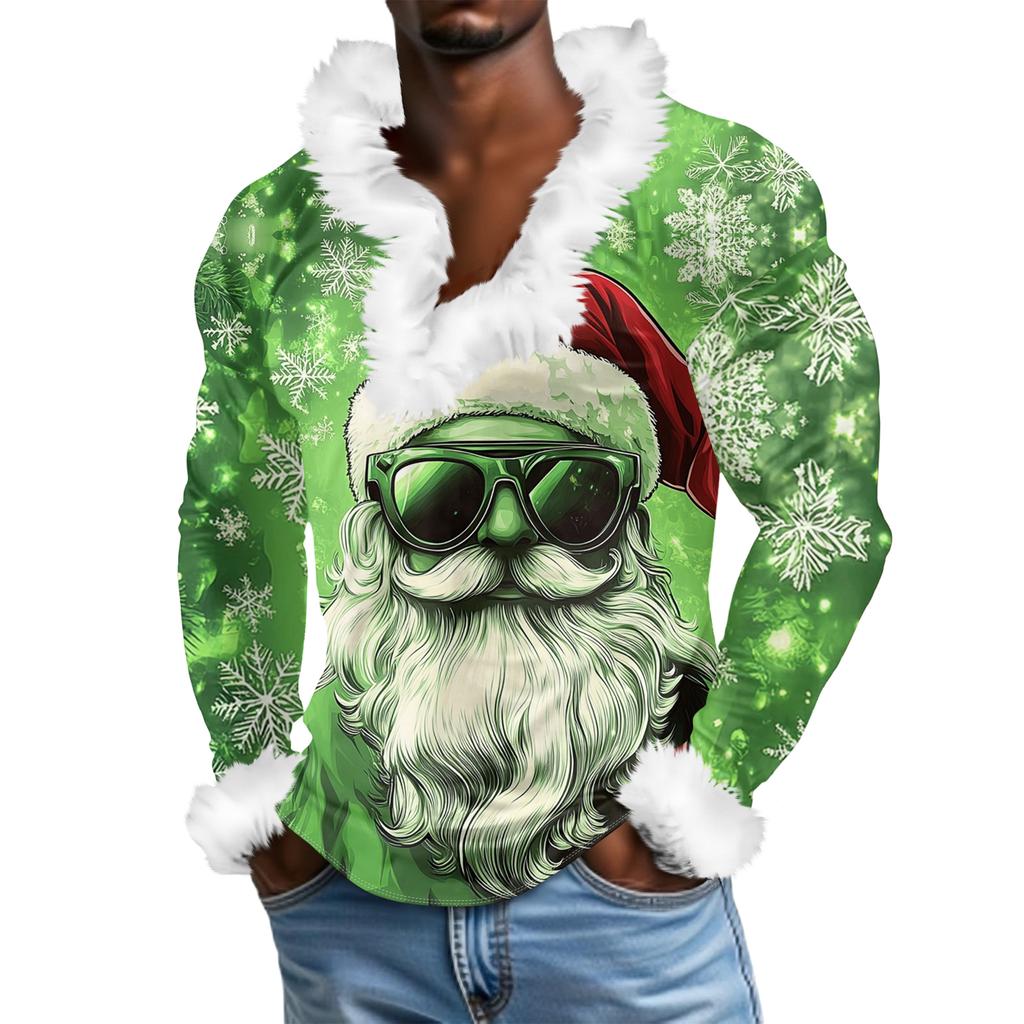 Мужской повседневный рождественский плюшевый свитшот с V-образным вырезом и длинными рукавами из флиса