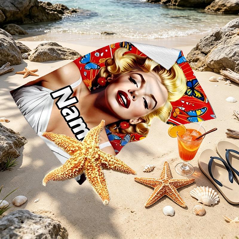 Custom Name Personalized Marilyn Monroe Print Beach Towel, for Trip Camping Beach Party Home Decor, Birthday Gift for Family & Friends