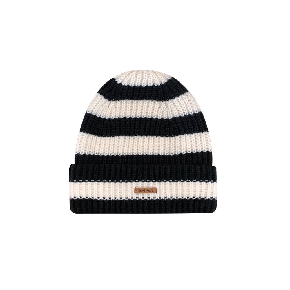 Striped letters small standard large version wool hat women's autumn and winter warm versatile big head circumference knitted pile hat tide