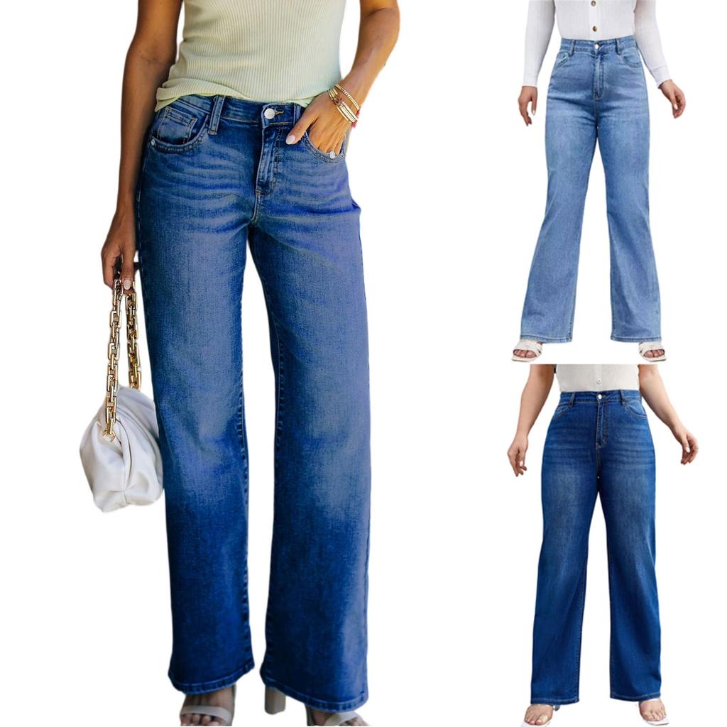 Women's Mid-Rise Stretch Jeans Fashion Straight Leg Denim Pants With Pockets