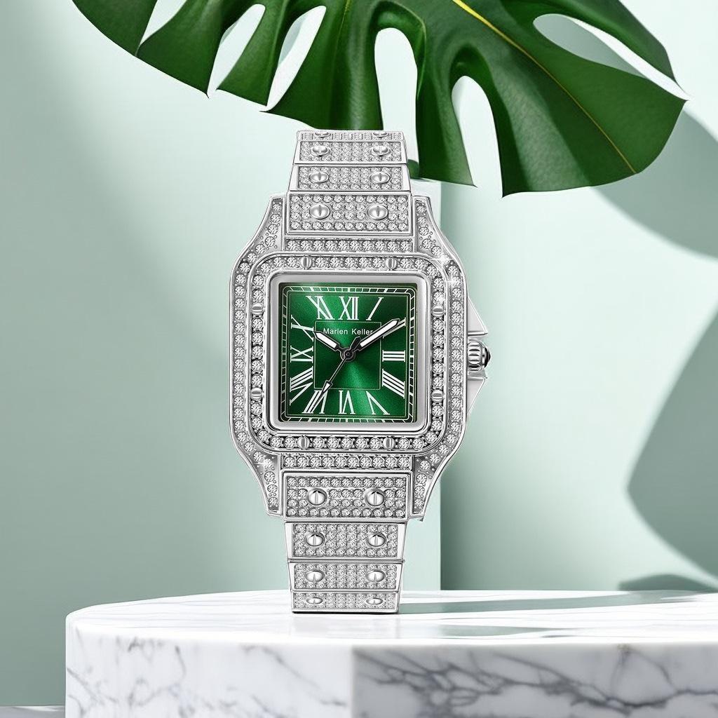Винтажные Женские Часы с Римскими Цифрами Золотые Iced Out Квадратные Кварцевые Наручные Часы с Бриллиантами Водонепроницаемые Светящиеся Роскошные Часы для Женщин
