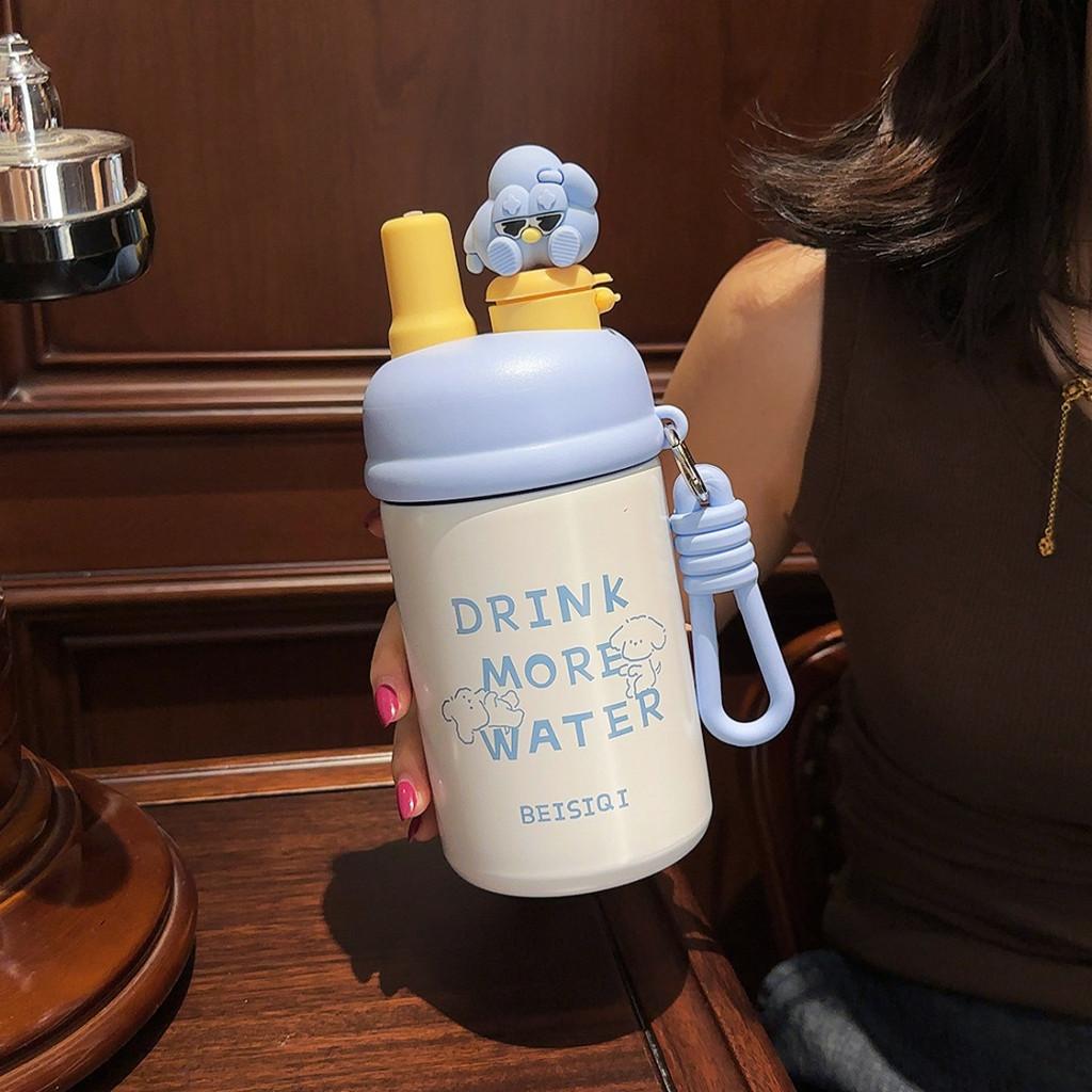 Cartoon Student Insulated Bottle With Straw And Tea Strainer For School And Home Use