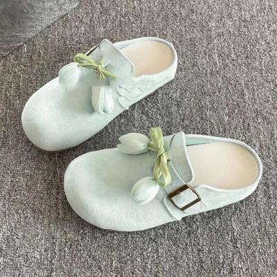 Светло-мятно-зеленые шлепанцы с закрытым носком Женские Летние 2025 Круглый носок Мягкая подошва Средний каблук Тапочки Мягкая подошва Уличные тапочки