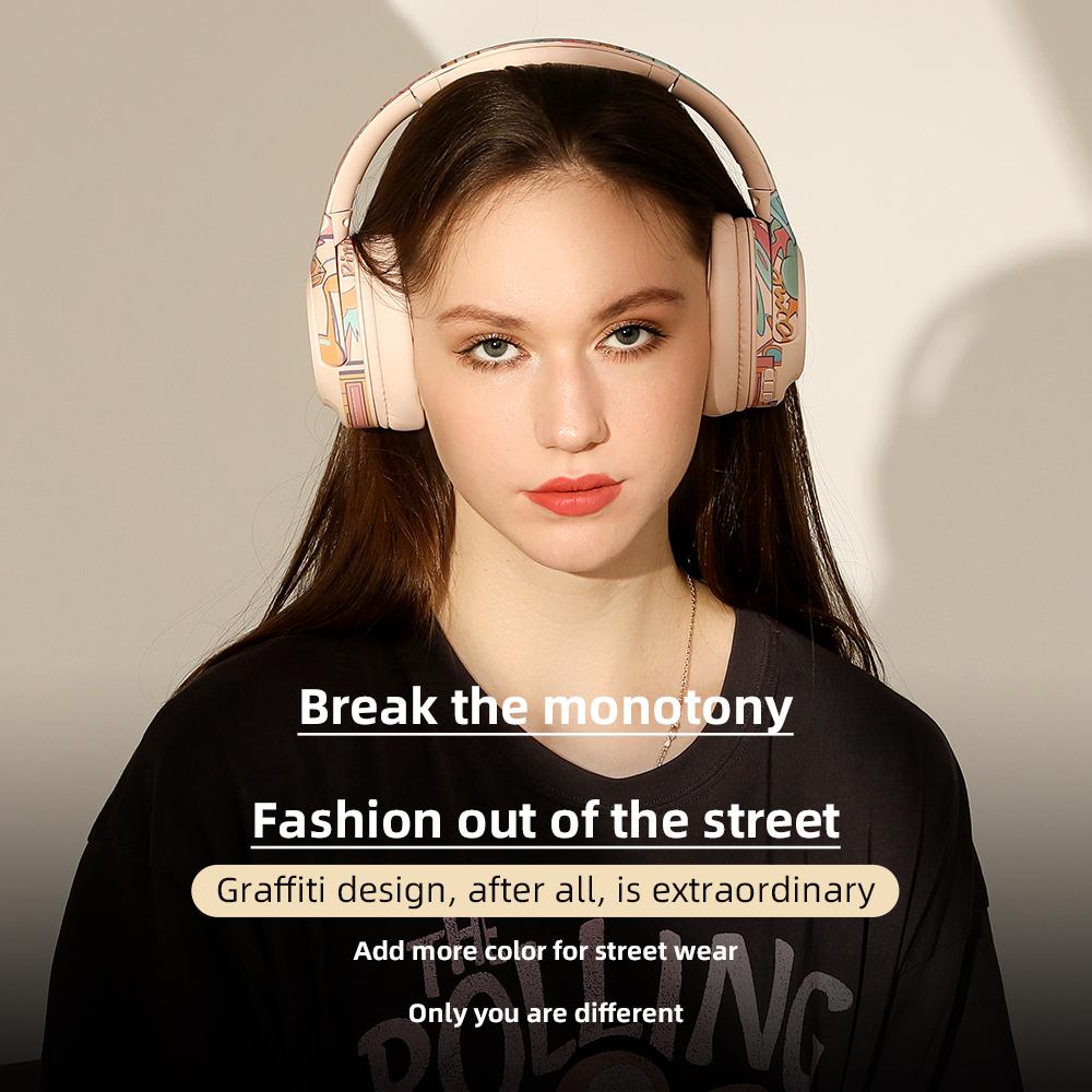 Игровые наушники Беспроводные наушники с рисунком граффити Складная стереозакрытая гарнитура со съемным микрофоном с поддержкой TF