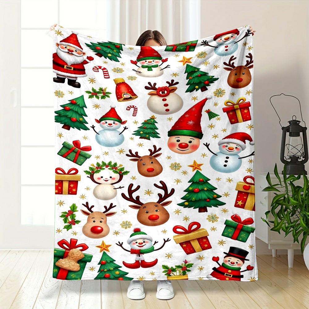 Christmas Themed Santa and Reindeer Pattern Patterned flannel blanket perfect for the bedroom living room, sofa, or a little nap