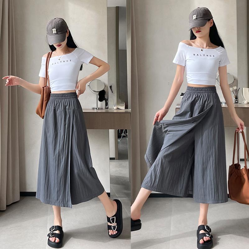 Универсальные брюки с высокой талией, юбка, летние женские повседневные свободные широкие брюки, укороченные брюки, однотонные брюки, юбка