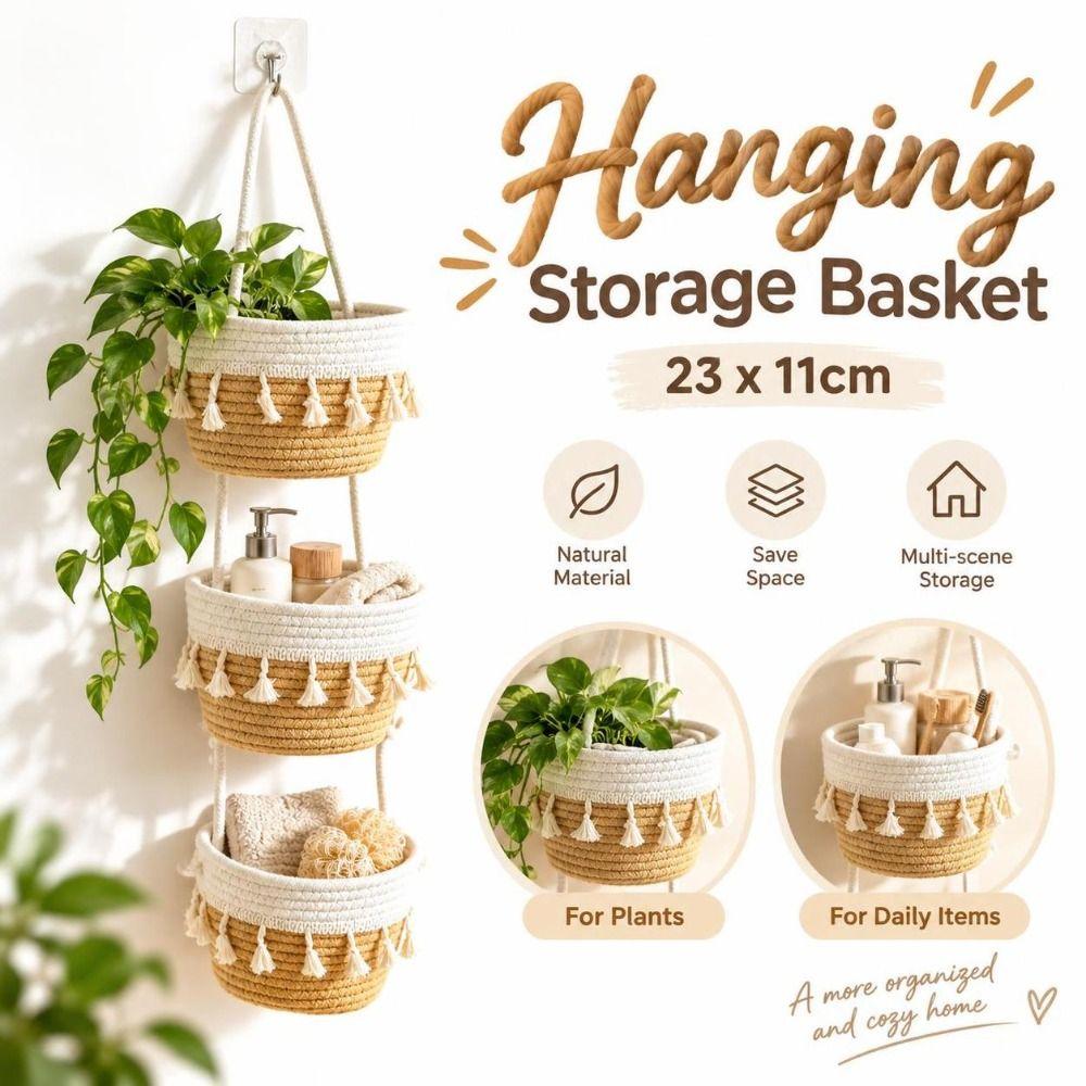 Cotton Rope Hanging Storage Basket Tiered Structure Wall Basket Organizer Tiered Storage Organizer
