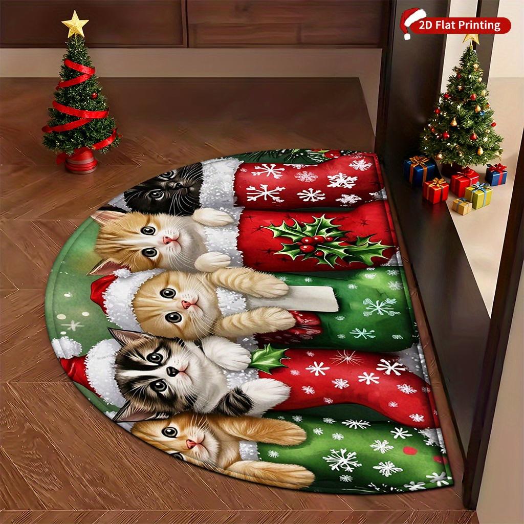 1Pcs Cute Christmas Cat Semi Circle Welcome Doormat Non-Slip for Outdoor Patio Porch Kitchen Bathroom Entryway Floor Mat