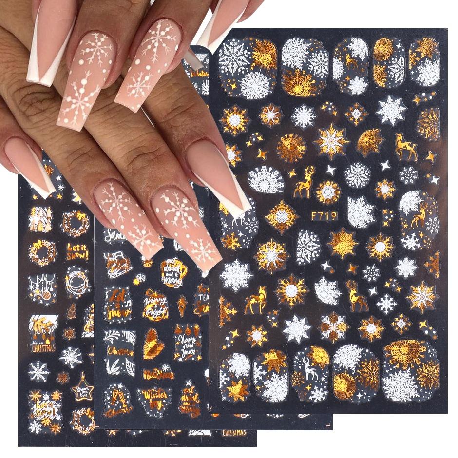 1 лист 3D Рождественская серия наклейки для ногтей наклейка дизайн ногтей украшения белый лазер золото красочные зимние снежинки лист сердце