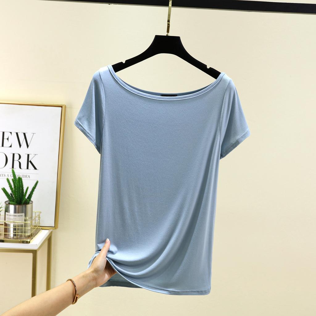 Модал с короткими рукавами и открытой спиной Футболки женские лодочки с открытыми плечами Футболка Однотонный цвет Свободный базовый слой Топ Большие размеры простые Майки
