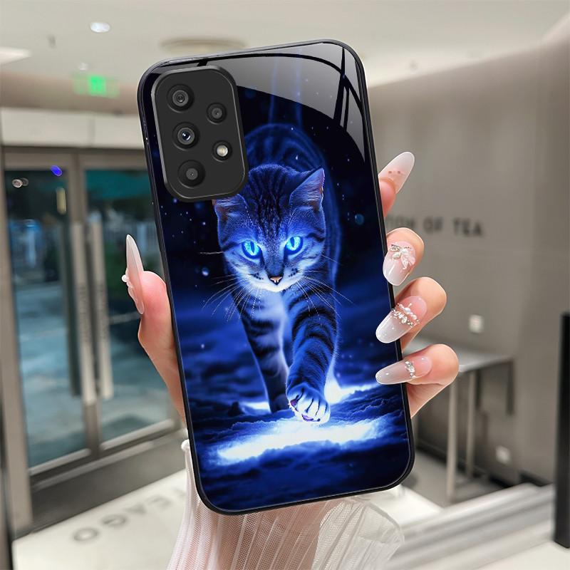 Cute Cartoon Cats Flower Case For Samsung Galaxy A52 A52S A72 4G 5G Tempered Glass Phone Case Protective Back Cover Hard Shell
