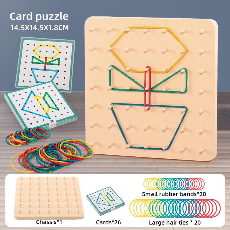 Kids Geoboard Wooden Pegboard Puzzle Toy with Rubber Bands & Pattern Cards, Montessori Early Learning Stem Toy for Toddlers 3+