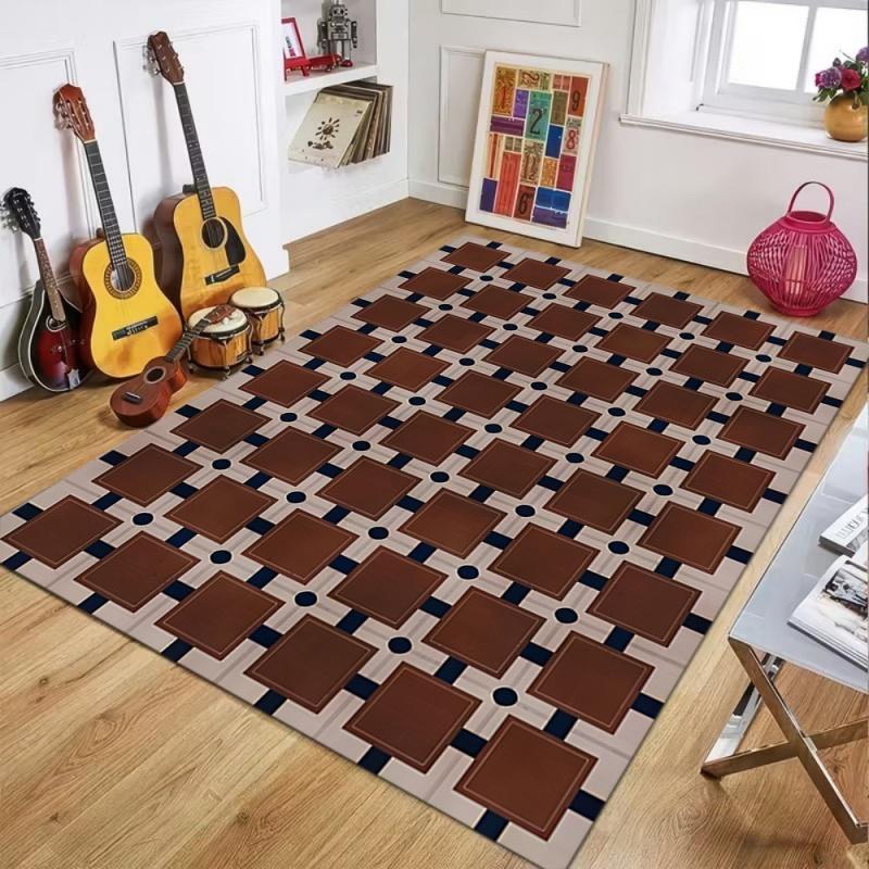 Retro Minimalist Brown Navy Geometric Tile Area Rug Non-Slip Floor Mat for Living Room Bedroom Mid-Century Modern Home Decor