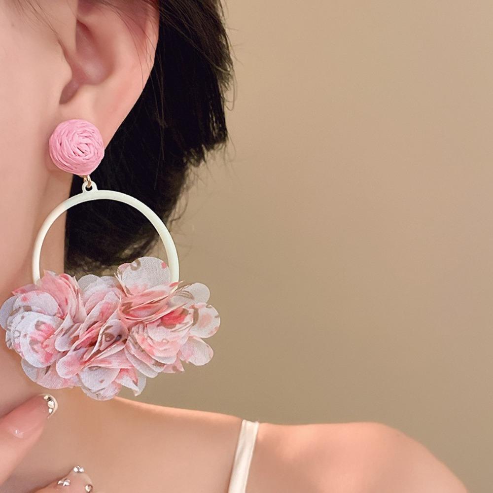 Colorful Fabric Flower Eardrop Sweet Exaggerated Earrings Fashion Mesh Flower Earrings Women