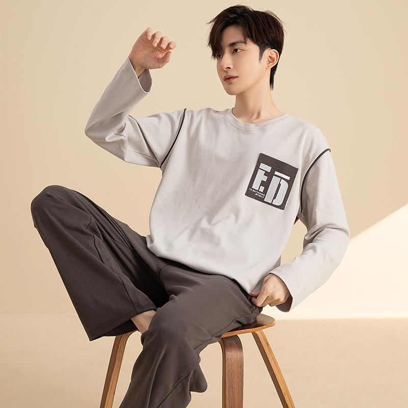Мультяжная мужская пижама из хлопка, осенний комплект, топы для сна, брюки, круглый вырез, домашний костюм для отдыха, мужская пижама, ночная одежда