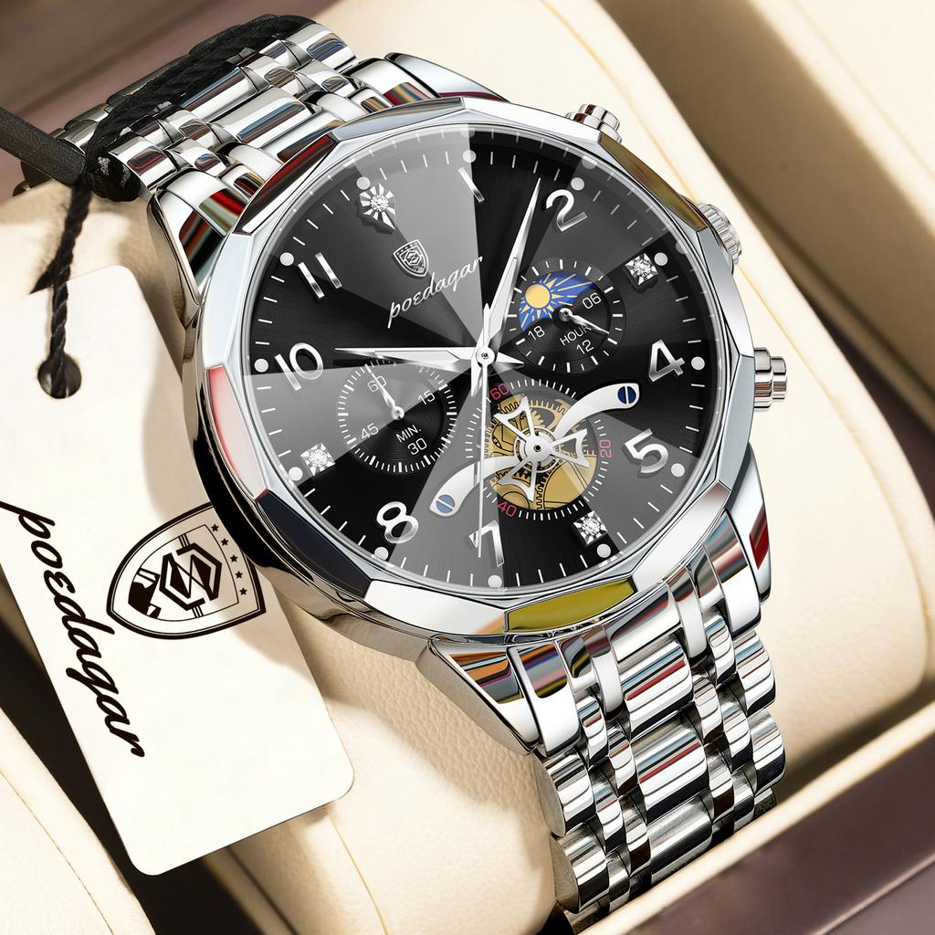 POEDAGAR Top High Quality Man Wristwatch Chronograph Stainless Steel Fashion Men's Quartz Watches Waterproof Luminous Men Clock