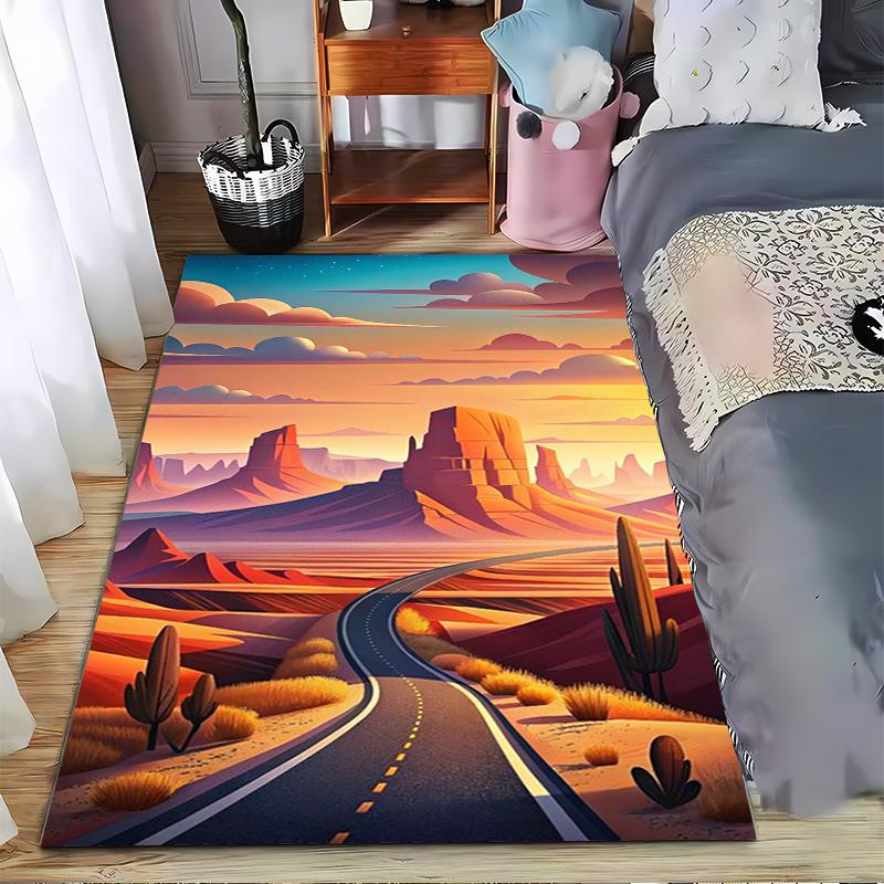 Desert Landscape Carpet with Road, Sunset, Cactus, and Cozy Style Suitable for use as an anti-slip for living room bedroom sofas