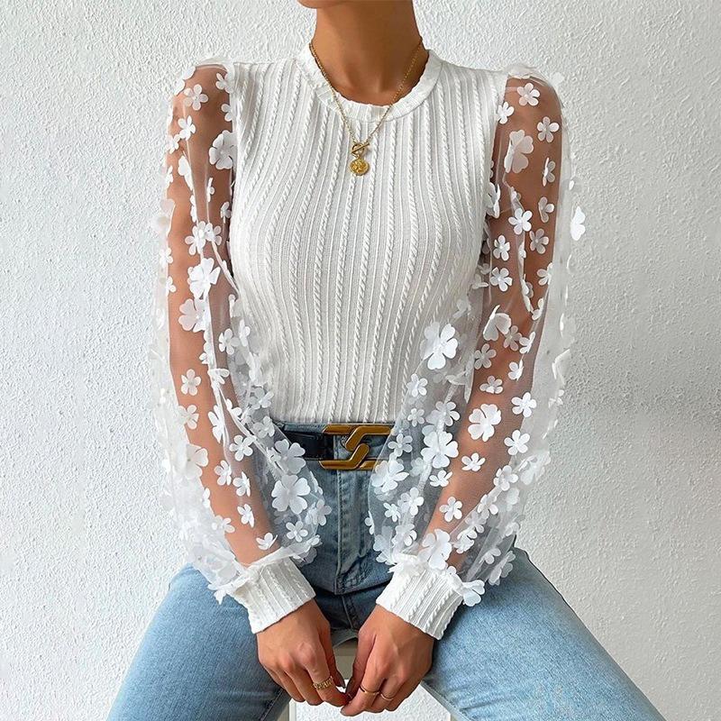 Mesh Small Flower Chiffon Shirt for Women In Spring Summer Round Neck for Slimming Pullover Long Sleeved Top