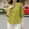 Women Casual Round Neck 3/4 Sleeve Loose Print Blouse