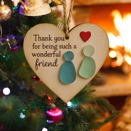 Friendship Heart Keepsake Wooden Heart Pendant Handmade Sea Glass Art Hanging Decoration with Warm Message Gift for Friends