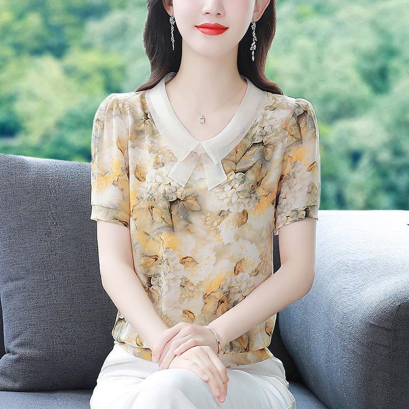 Новая летняя шифоновая рубашка с коротким рукавом, кукольный вырез, лоскутный топ с цветочным принтом, женская свободная блузка для матери, M-5XL