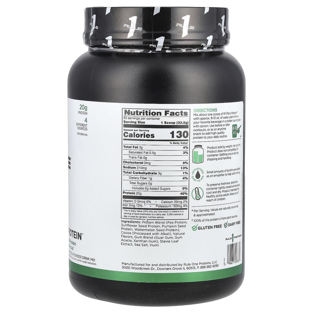 Rule One Proteins Plant-Based Protein Powder Drink Mix, Chocolate, 1.48 Lb (670 G)