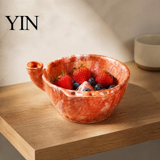 Decorative Fruit Display Dish Ceramic Berry Bowl, Self Rinsing with Drainage Hole Washing Kitchen Sink Vegetable Rinser Glazed Bowl for Countertop