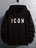 Худи с принтом "ICON" - Черный повседневный пуловер с смелой белой надписью