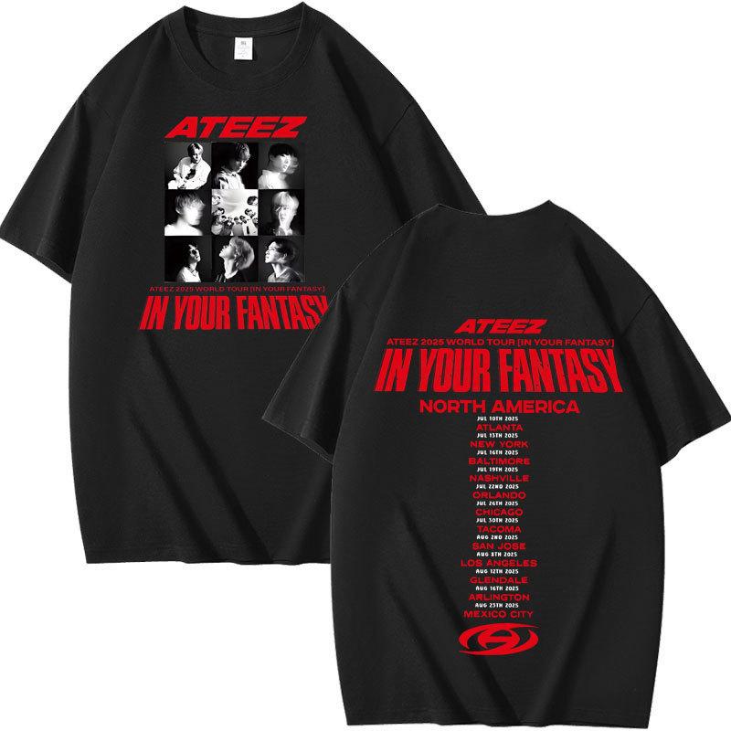 Футболка ATEEZ "In Your Fantasy" с 9-клеточной черно-белой коллаж-фотографией участников, Спереди сетка из фотографий участников ATEEZ, Сзади список дат тура по Северной Америке, Оверсайз футболка для фанатов K-Pop