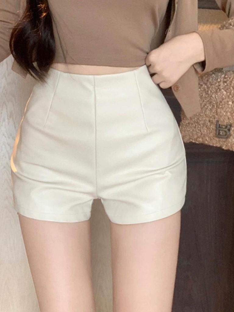 Женские шорты А-силуэта из черной кожи с высокой талией 2023 года 