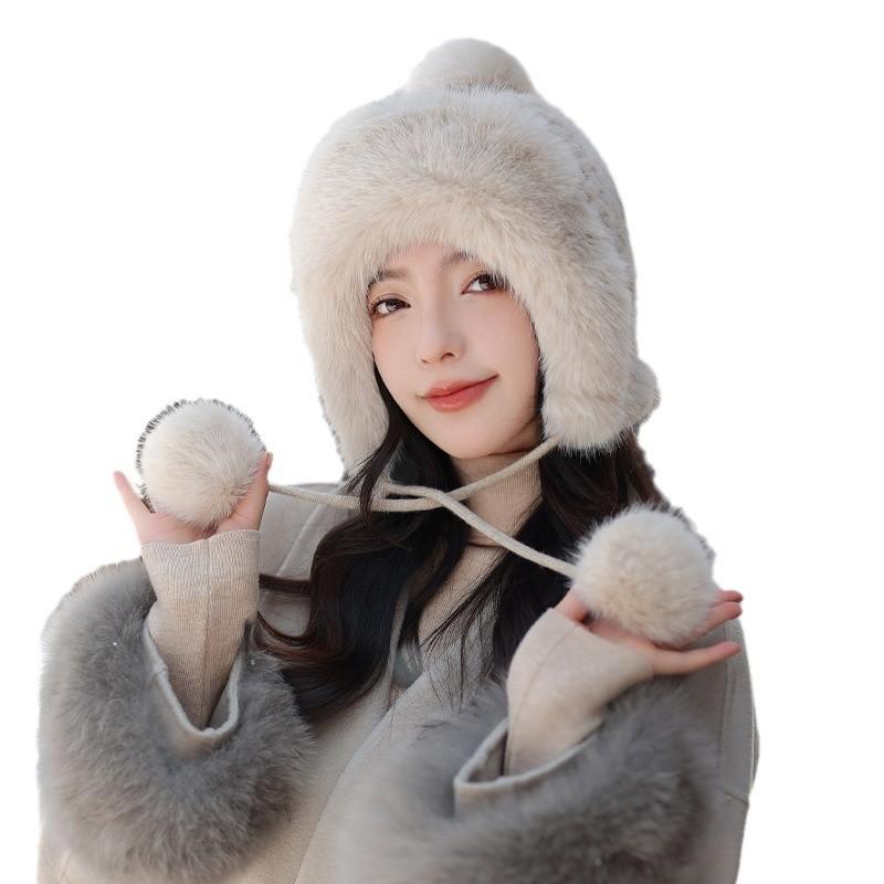 Шапка женская флисовая с кроличьей шерстью, вязаная шерстяная шапка, зимняя утолщенная теплая шапка Lei Feng, велосипедная шапка-ушанка