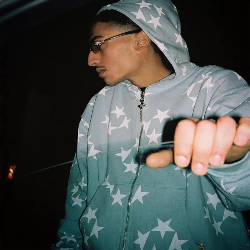 Винтажная куртка с капюшоном с принтом звезд Y2K, свободная толстовка с длинным рукавом, уличная мода, толстовка с капюшоном на молнии с принтом в стиле Харадзюку