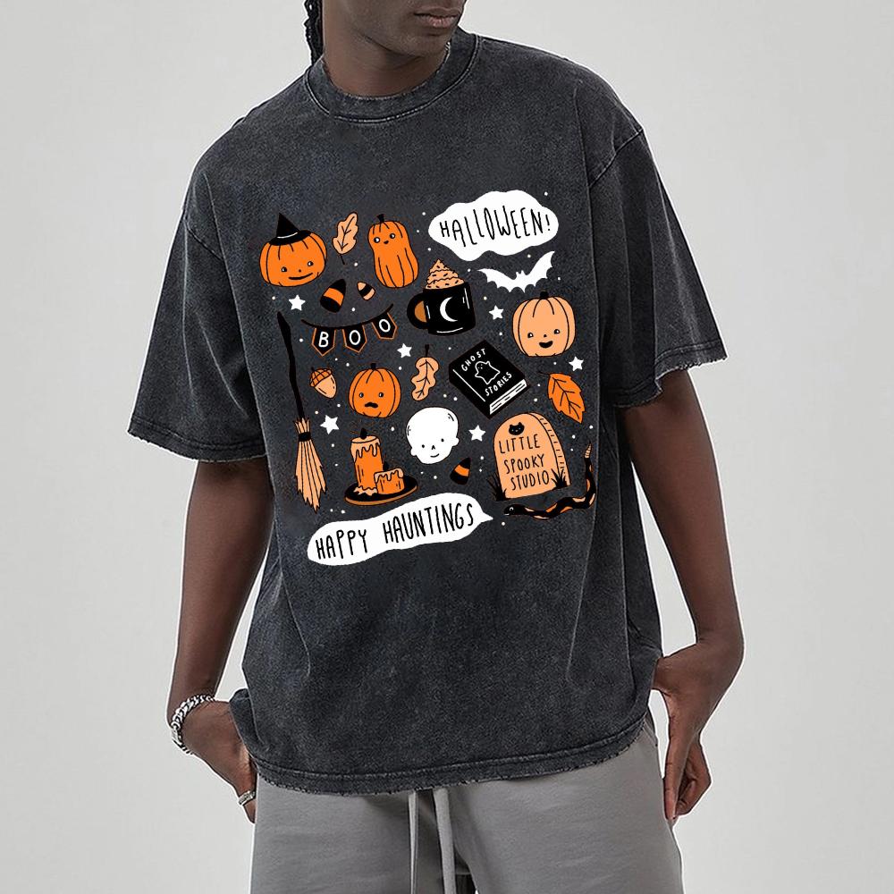 Женские футболки с принтом тыквы Happy Halloween, стираная ткань, большие дышащие, с короткими рукавами, винтажные, состаренные