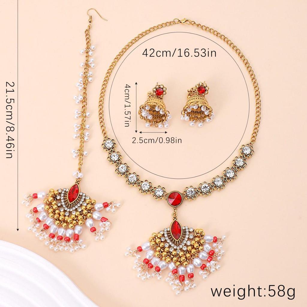 Middle Eastern Style Fan Shape Jewelry Set: Elegant Head Chain, Earrings, and Necklace for Women