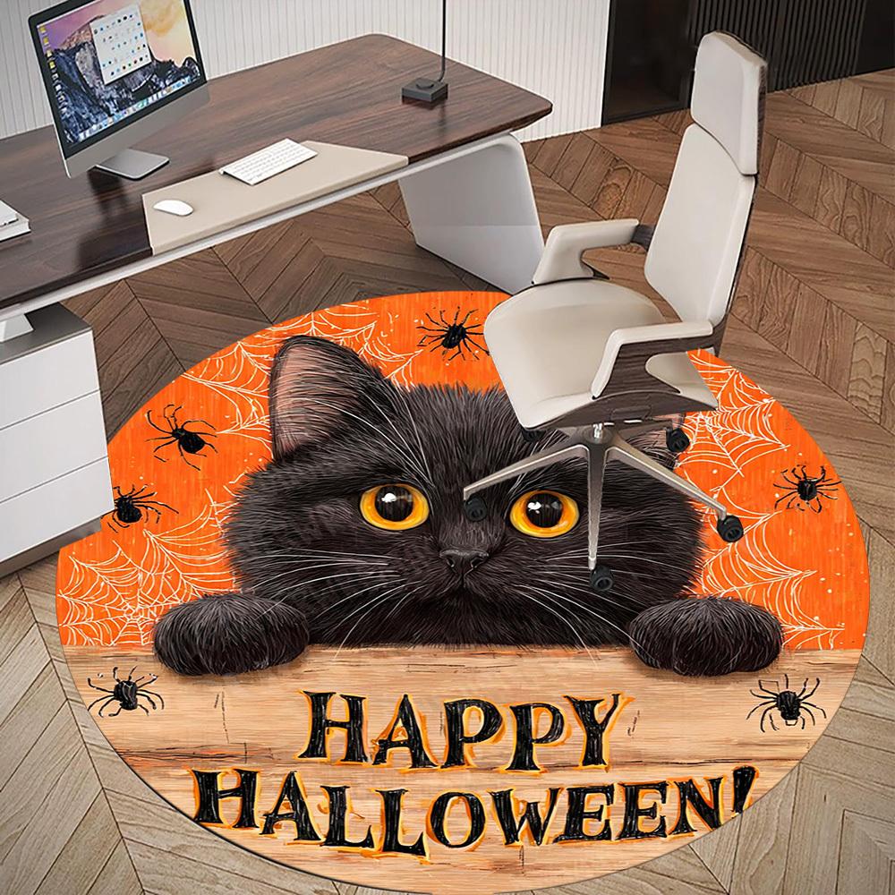 1PC Halloween Black Cat Office Round Area Rug, Under Office Chairs Bedroom Living Room Home Decor, Carpet for Office -1110127