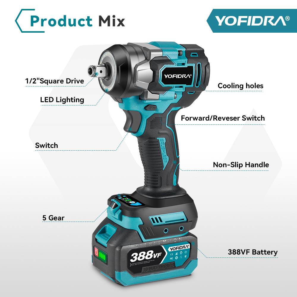 Yofidra 1200 Н.м бесщеточный электрический ударный гайковерт 1/2'' аккумуляторная отвертка для ремонта автомобиля 5 передач электроинструмент для аккумулятора Makita 18 В