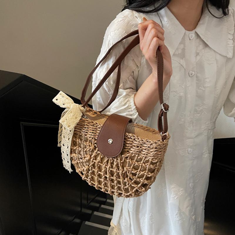 Летняя соломенная сумка для женщин, модная полукруглая сумка кроссбоди, плетеная вручную из ротанга, сумка-мессенджер, дорожная пляжная сумка KTB