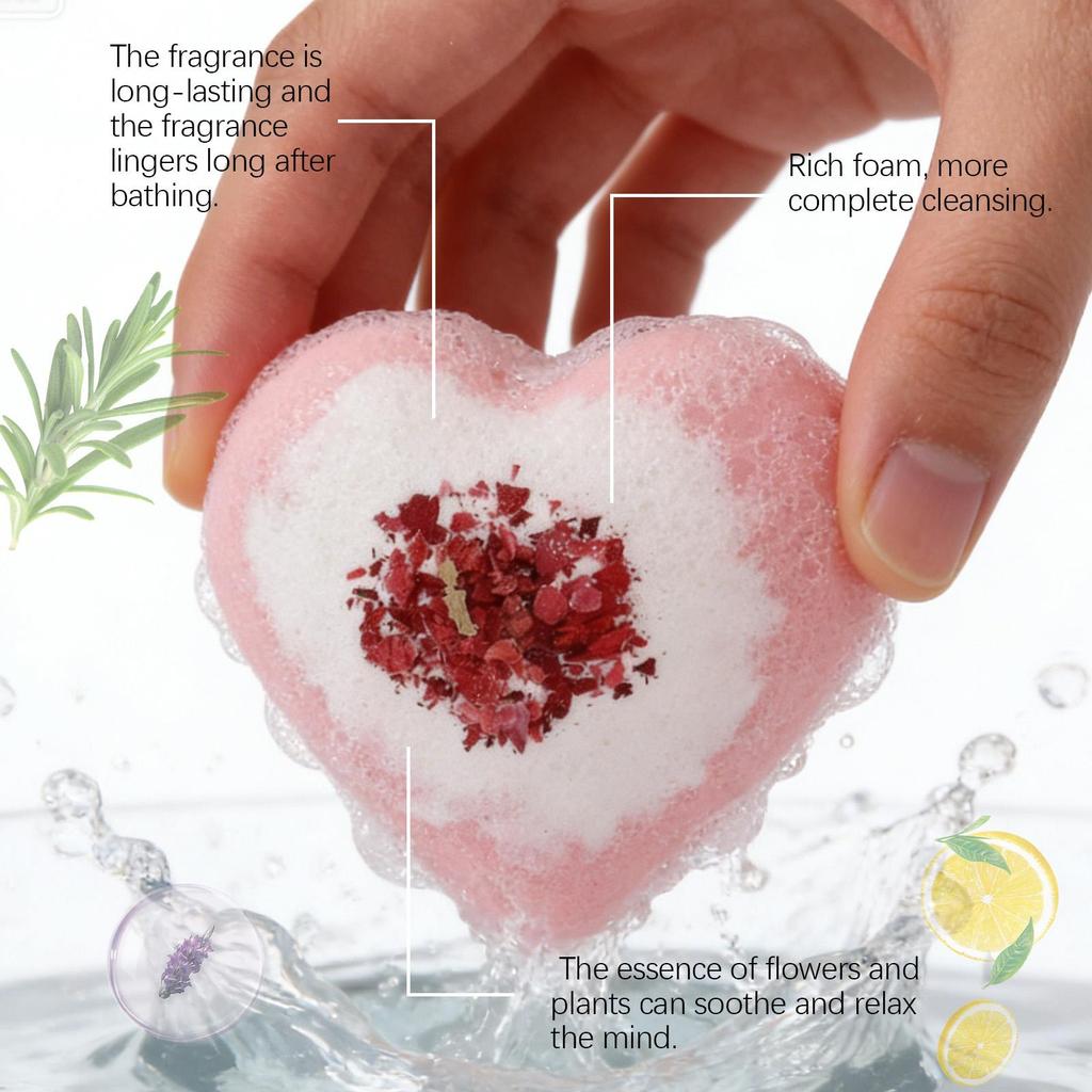 Rose Heart Bath Salt Bubble Ball: Plant-derived essence cleanses pores, gently hydrates, and provides nourishing care