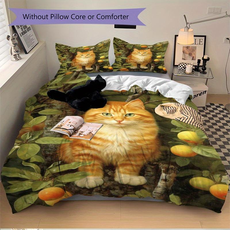 3pcs cat, apple tree Bedding Set Down Comforter Cover and Pillowcases, Suitable for Guest Room Home Decoration All Seasons(No Insert) S0819040