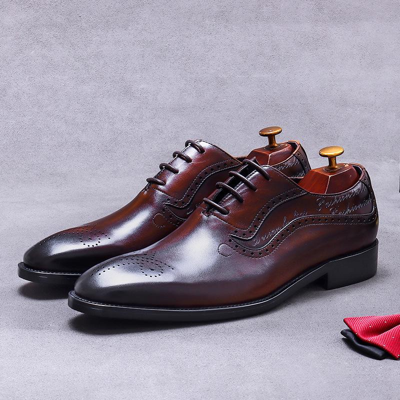Luxury Men's Oxfords Genuine Leather Brogue Brown Lace Up Wingtip Dress Shoes for Men Office Wedding Party Formal Footwear