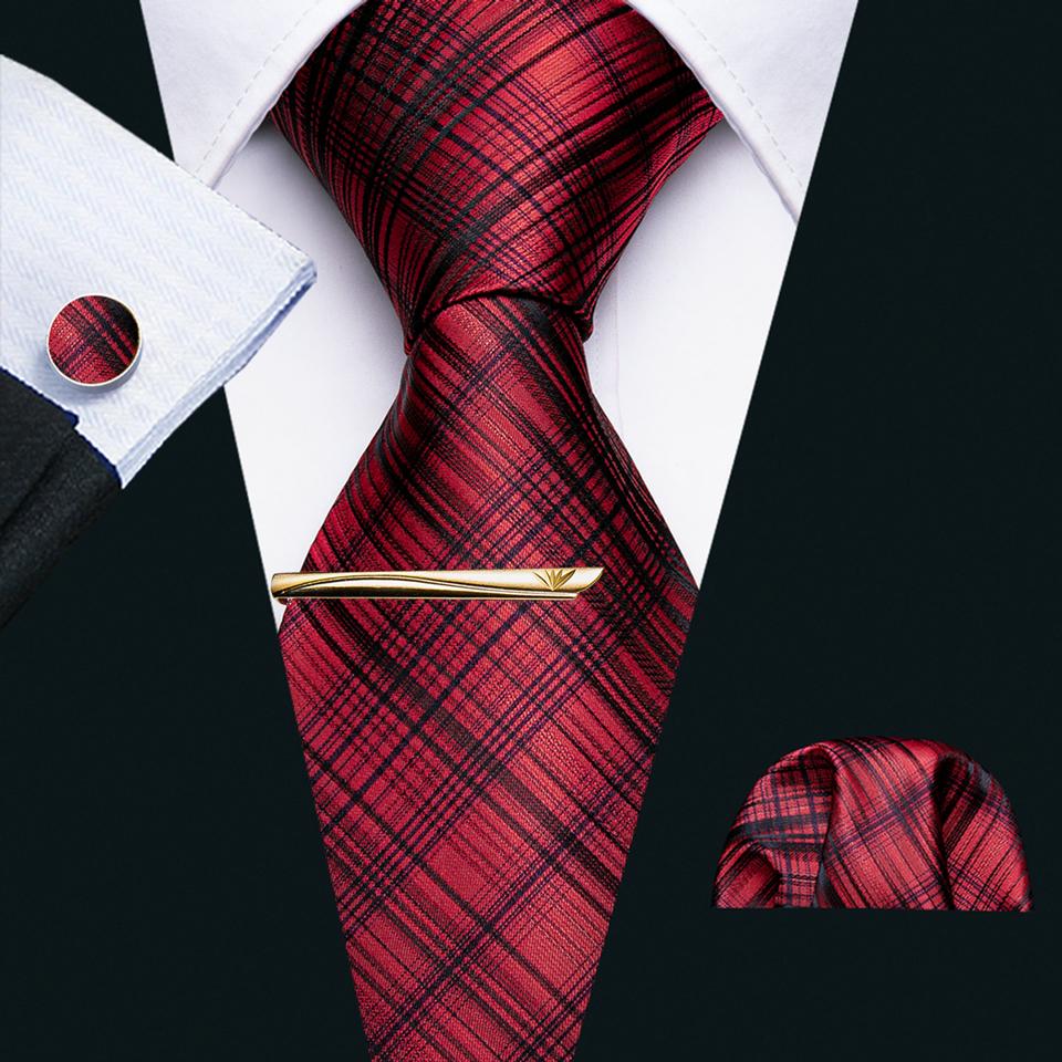 Barry.Wang Red Ties for Men Paisley Stripes Check Silk Necktie Hanky Cufflinks Gold Tie Clip for Wedding Business